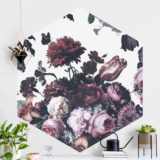 Hexagon Mustertapete selbstklebend - Altmeisterlicher Blumenrausch mit Rosen Bouquet