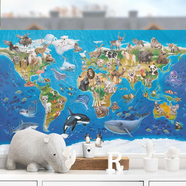 Fensterfolie bunt Weltkarte mit Tieren