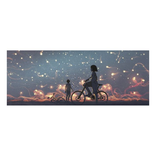 Glasbild - Anime Zeichnung Lichter auf dem Fahrrad - Panorama