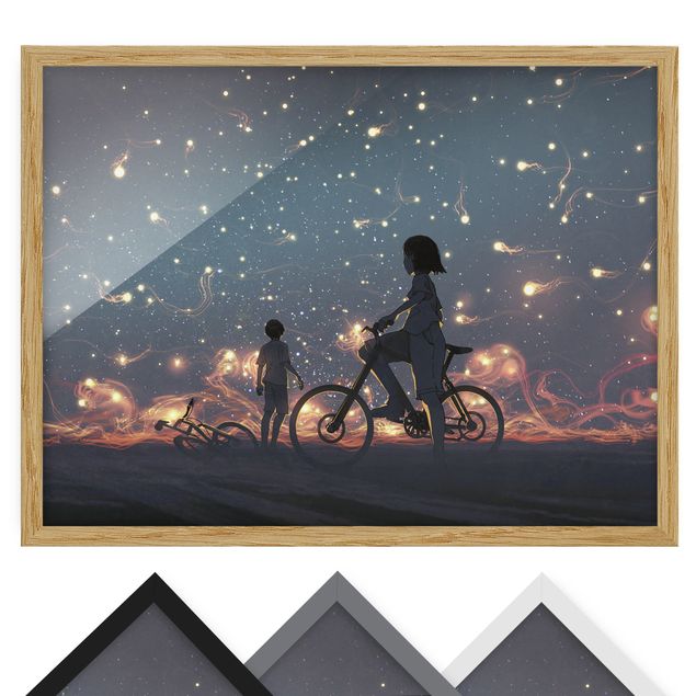 Bild mit Rahmen - Anime Zeichnung Lichter auf dem Fahrrad - Querformat - 4:3