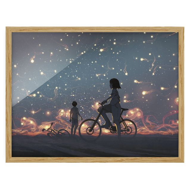 Bild mit Rahmen - Anime Zeichnung Lichter auf dem Fahrrad - Querformat - 4:3