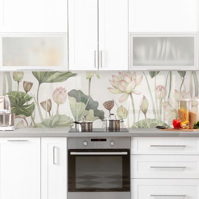Küche Wandpaneel Anmutige Seerosen und sanfte Blätter