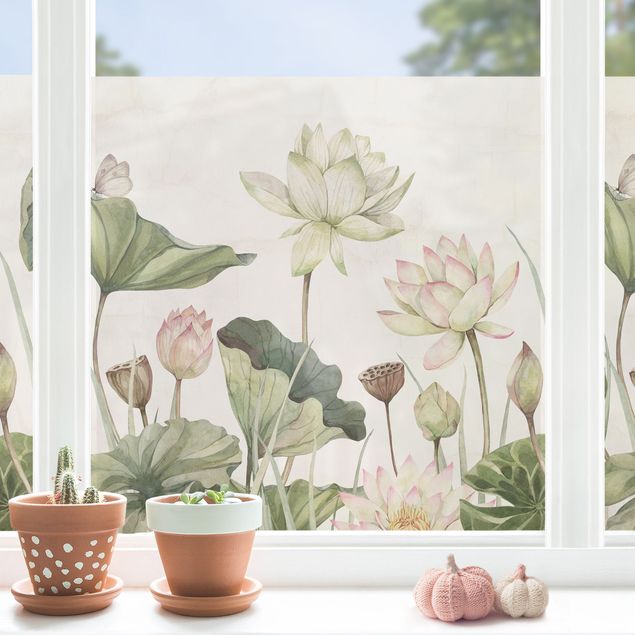 Blumen Fensterbild Anmutige Seerosen und sanfte Blätter
