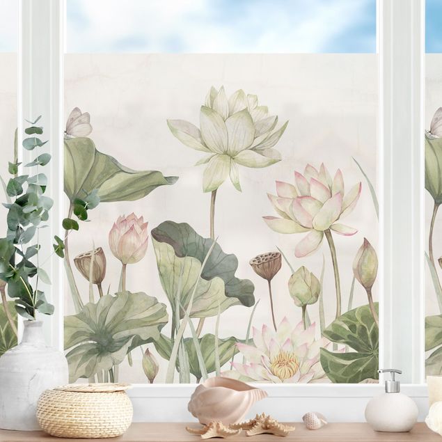Fensterfolie Motiv Blumen Anmutige Seerosen und sanfte Blätter