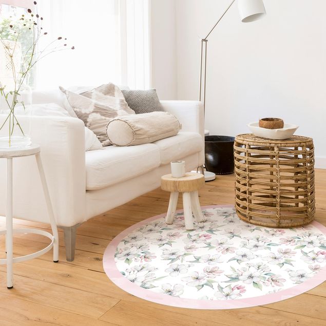 Teppich weiß Aquarell Apfelblüten und Knospen mit Rahmen
