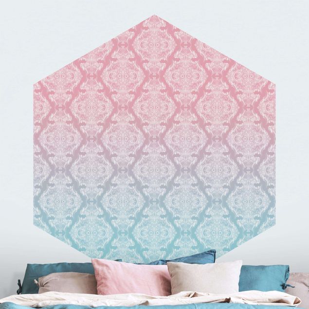 Hexagon Mustertapete selbstklebend - Aquarell Barock Muster mit Blau Rosa Verlauf