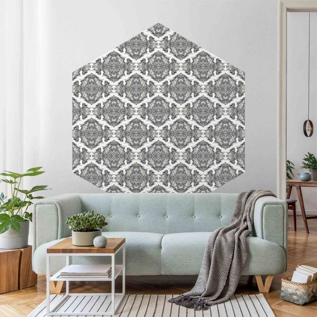 Hexagon Mustertapete selbstklebend - Aquarell Barock Muster mit Ornamenten in Grau