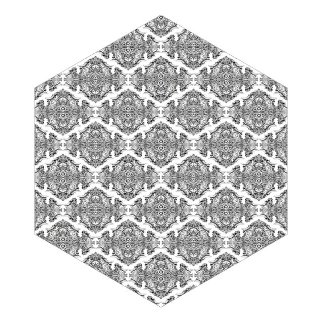 Hexagon Mustertapete selbstklebend - Aquarell Barock Muster mit Ornamenten in Grau