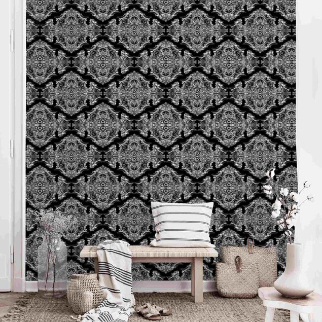 Fototapete - Aquarell Barock Muster mit Ornamenten vor Schwarz