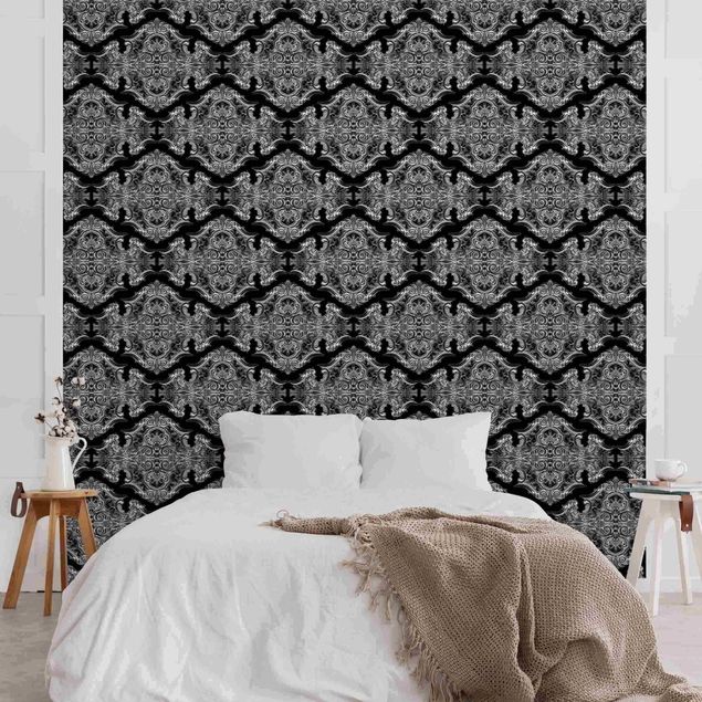 Fototapete - Aquarell Barock Muster mit Ornamenten vor Schwarz