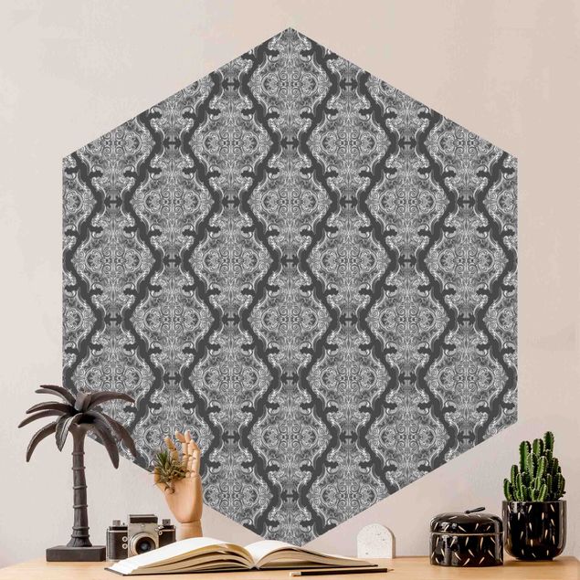 Hexagon Mustertapete selbstklebend - Aquarell Barock Muster vor Dunkelgrau