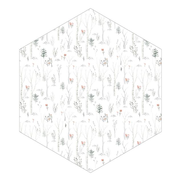 Hexagon Fototapete selbstklebend - Aquarell Birkenwald
