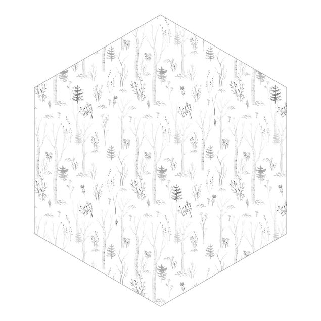 Hexagon Fototapete selbstklebend - Aquarell Birkenwald Schwarz Weiß