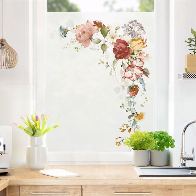 Fensterfolie bunt Aquarell Blütenecke oben