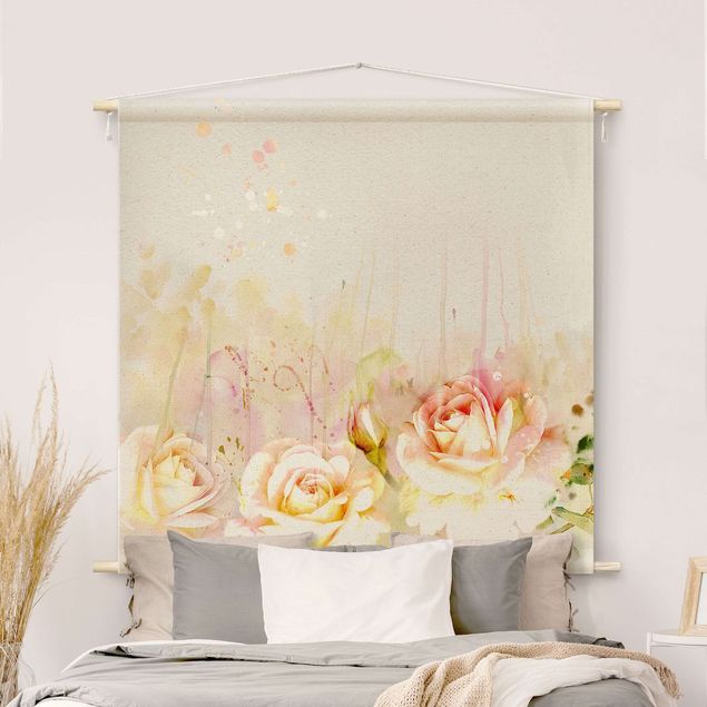 Wandteppich modern Aquarell Blumen Rosen