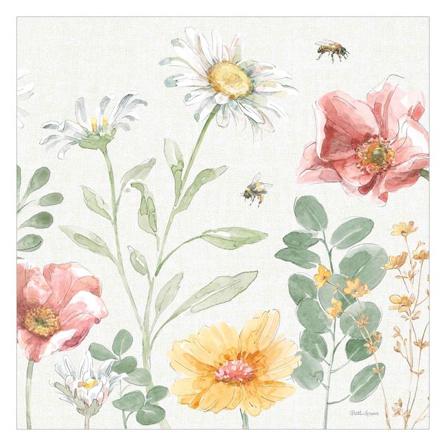 selbstklebende Tapete Aquarell Blumenwiese mit Bienen