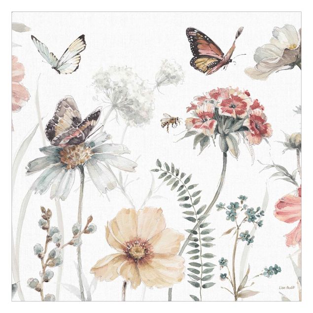 schöne Tapeten Aquarell Blumenwiese mit Schmetterlingen