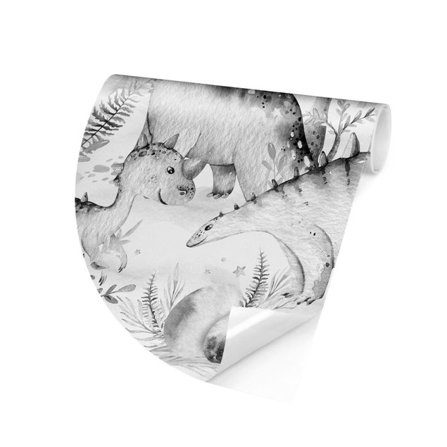 Runde Tapete selbstklebend - Aquarell Dinowelt Schwarz Weiß