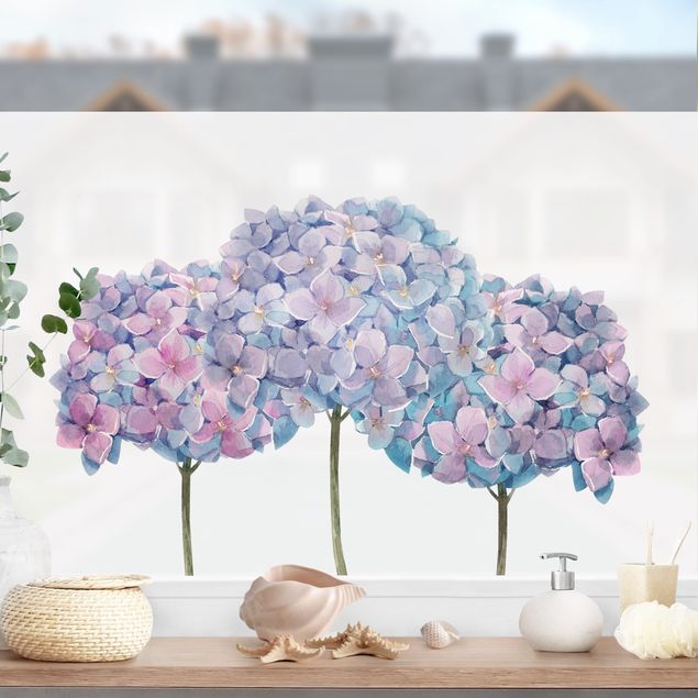 Fensterfolie Motiv Blumen Aquarell Drei blaue Hortensien