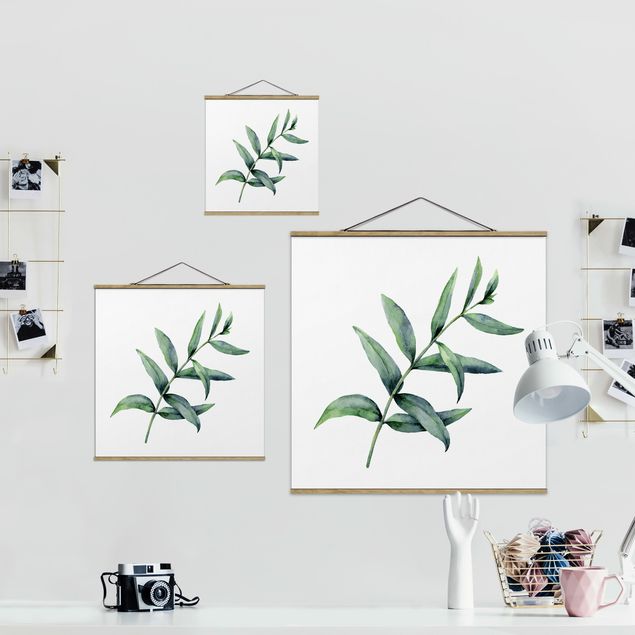 Stoffbild mit Posterleisten - Aquarell Eucalyptus I - Quadrat 1:1