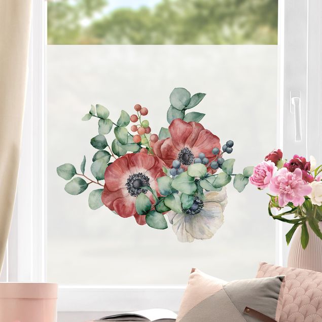 Fensterfolie Blumen Aquarell Eukalyptus Anemonen Bouquet