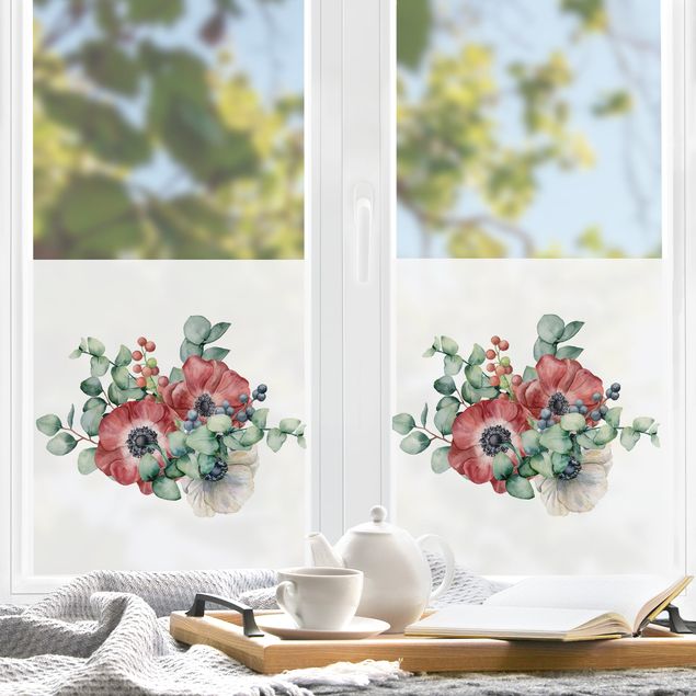 Fensterfolie farbig Aquarell Eukalyptus Anemonen Bouquet