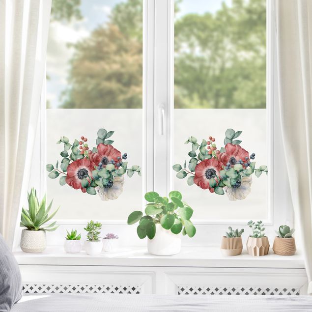 Klebefolie für Fenster Aquarell Eukalyptus Anemonen Bouquet
