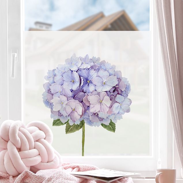 Blumen Fensterbild Aquarell Hortensie Blaue Blüte XXL