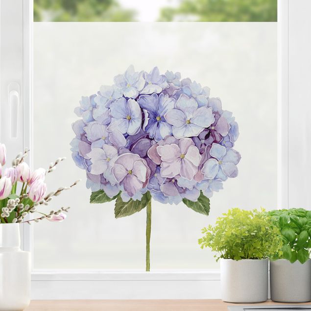 Fensterfolie Motiv Blumen Aquarell Hortensie Blaue Blüte XXL
