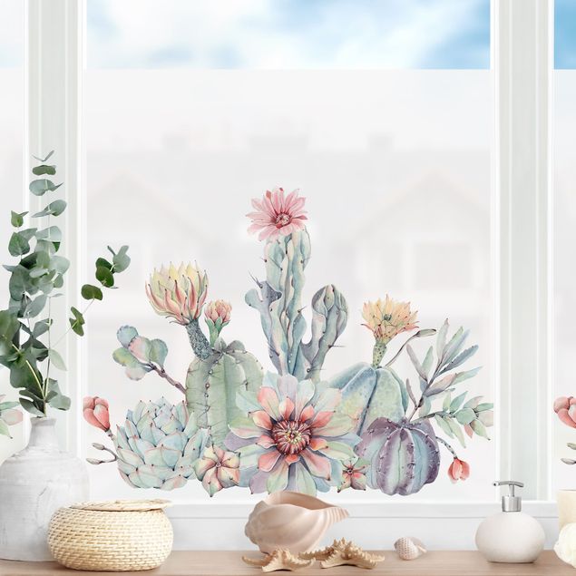 Fensterbilder Blumen Aquarell Kaktus Blüte Bouquet