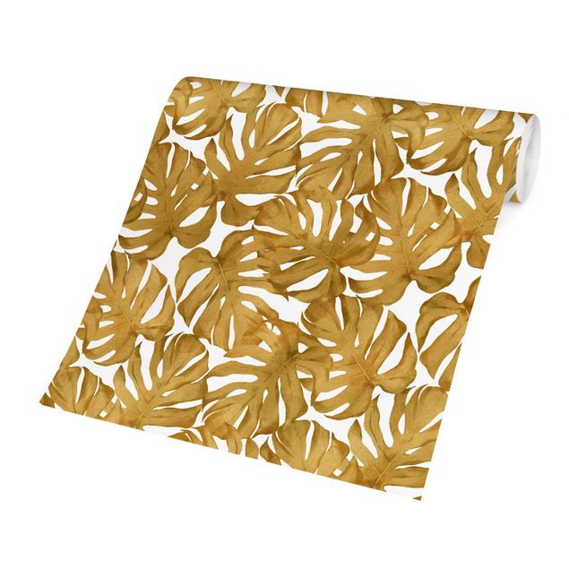 Design Tapeten Aquarell Monstera Blätter in Gold