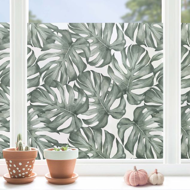 Fensterbilder selbstklebend Blumen Aquarell Monstera Blätter in Grün