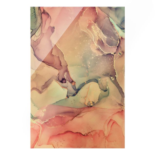 Glasbild - Aquarell Pastell Rosa mit Gold - Hochformat 2:3