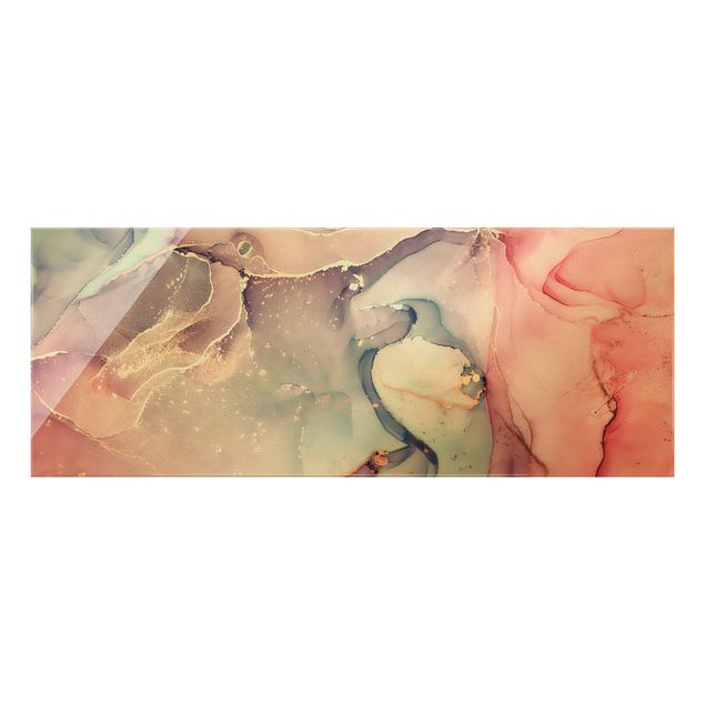 Glasbild - Aquarell Pastell Rosa mit Gold - Panorama 5:2
