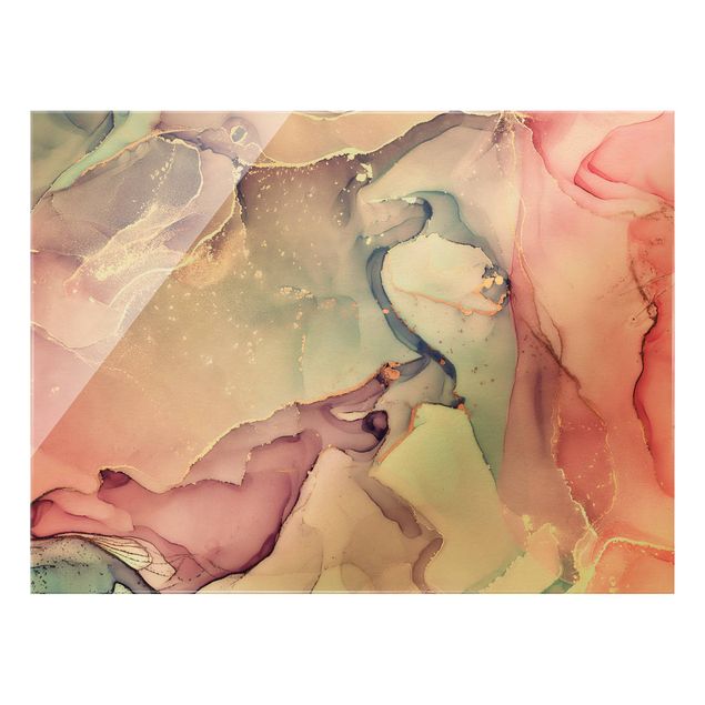 Glasbild - Aquarell Pastell Rosa mit Gold - Querformat 4:3