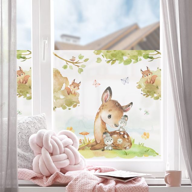 Klebefolie für Fenster Aquarell Reh Hasen und Eichhörnchen