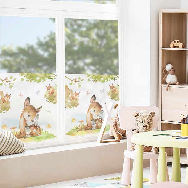 Fensterbilder Folie Aquarell Reh Hasen und Eichhörnchen