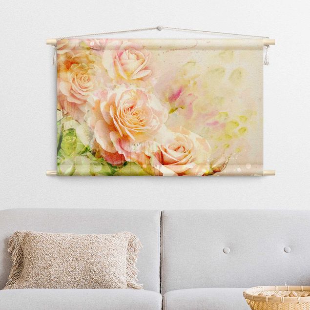 Wandteppich groß Aquarell Rosen Komposition