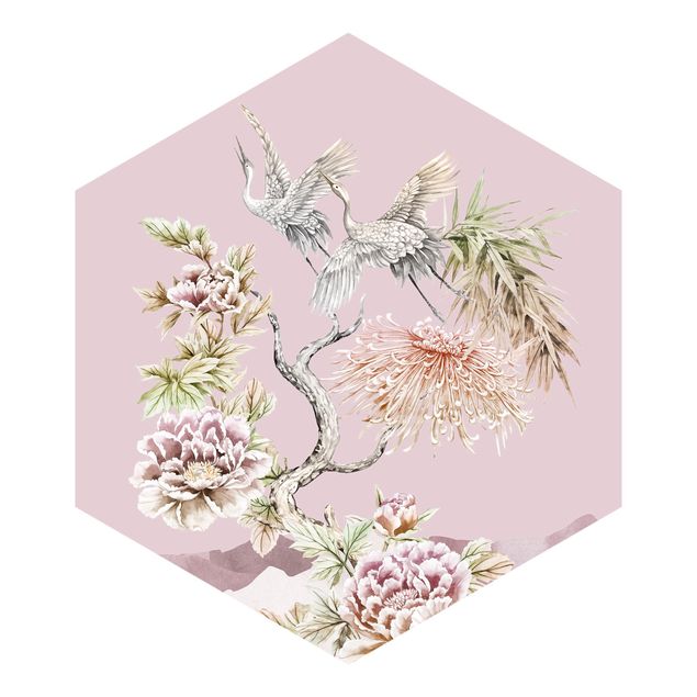 Design Tapeten Aquarell Störche im Flug mit Blumen auf Rosa