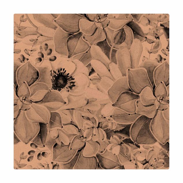 Kork-Teppich - Aquarell Sukkulente mit Blüte in Schwarz Weiß - Quadrat 1:1