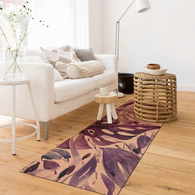 teppich mit blumenmuster Aquarell Tropische Blätter mit Monstera in Aubergine