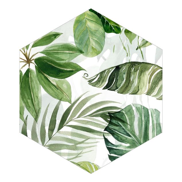 Hexagon Mustertapete selbstklebend - Aquarell Tropische Blätter und Ranken
