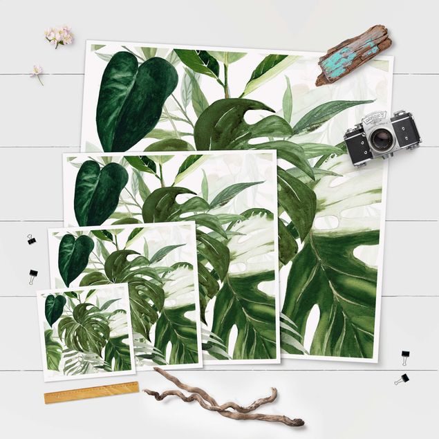 Poster - Aquarell Tropisches Arrangement mit Monstera - Quadrat 1:1