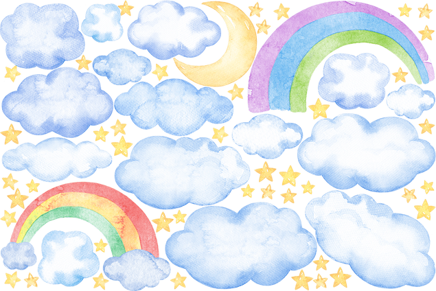 Wandtattoo - Aquarell Wolken Regenbogen Sterne Set