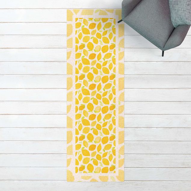 Teppich Läufer Aquarell Zitronen mit Blättern und Rahmen