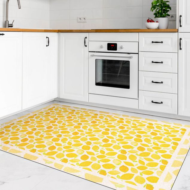 Teppich gelb Aquarell Zitronen mit Blättern und Rahmen