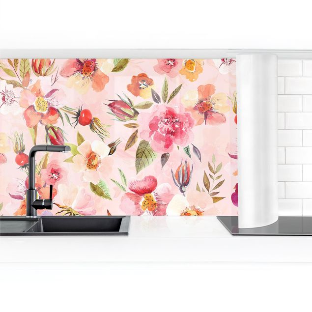 Küchenrückwand - Aquarellierte Blumen auf Rosa