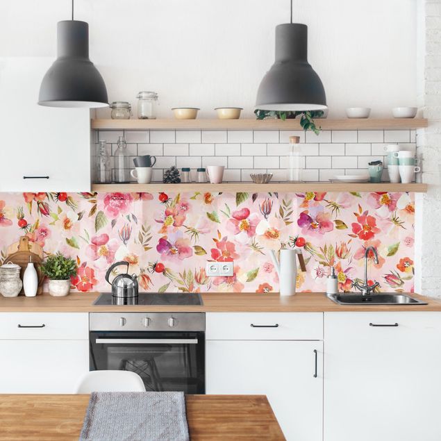 Küchenrückwand - Aquarellierte Blumen auf Rosa