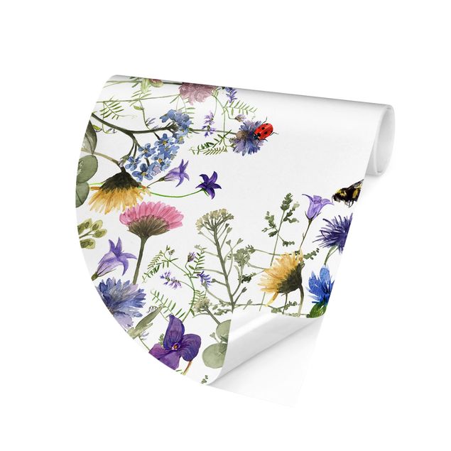 Runde Tapete selbstklebend - Aquarellierte Blumen mit Marienkäfern