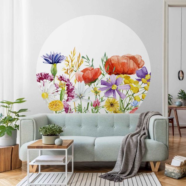 Runde Tapete selbstklebend - Aquarellierte Blumen